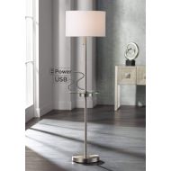 Caper Modern Floor Lamp with USB and AC Power Outlet on Table Glass Satin Steel White Fabric Drum Shade for Living Room - 360 Lighting