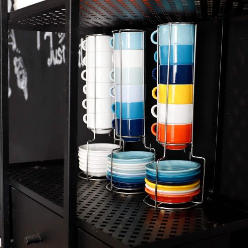  [아마존베스트]Sweese 404.003 Porcelain Stackable Espresso Cups with Saucers and Metal Stand - 2.5 Ounce for Specialty Coffee Drinks, Latte, Cafe Mocha and Tea - Set of 6, Cool Assorted Colors