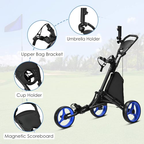  GYMAX Golf Push Cart, 3 Wheels Aluminum Folding Height Adjustable Golf Push Trolley with Umbrella Holder & Waterproof Bag, Portable Lightweight Quick Open Fold Golf Cart
