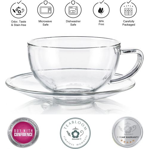  [아마존베스트]Teabloom Kyoto Teacup and Saucer Set 2-Pack  Large Size  12 OZ/ 350 ML Capacity  Crystal Clear Design  Healthful Premium Borosilicate Glass  Heat Resistant, Microwave Safe 