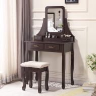 Honbay HONBAY Makeup Vanity Table Set with Mirror, Cushioned Stool, 4 Drawers and Gift Makeup Organizer Dressing Table Brown
