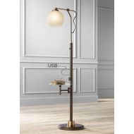 Jobe Modern Industrial Floor Lamp with Table Glass USB Charging Port Oiled Bronze Tea Glass Shade for Living Room - Franklin Iron Works