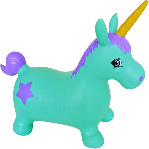  AppleRound Unicorn Bouncer with Hand Pump, Inflatable Space Hopper, Ride-on Bouncy Animal (Turquoise)