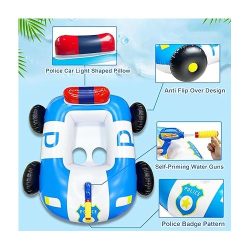  [Water Squirt Guns] Polices Car Pool Float for Kids 3-11 Years, Fun Blow Up Swimming Pool Toys Inflatable Car Ride-ons Floaties for Boys Girls Summer Outdoor Beach Water Pool Toys Games Party