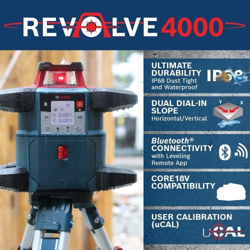  BOSCH REVOLVE4000 GRL4000-80CHV 18V Exterior 4000ft Range Horizontal/Vertical Self-Leveling Cordless Rotary Laser with Bluetooth Connectivity, Laser Receiver and CORE18V Battery
