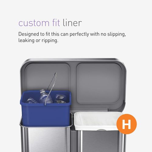 심플휴먼 simplehuman 58 Liter Rectangular Hands-Free Dual Compartment Recycling Kitchen Step Trash Can with Soft-Close Lid, Brushed Stainless Steel