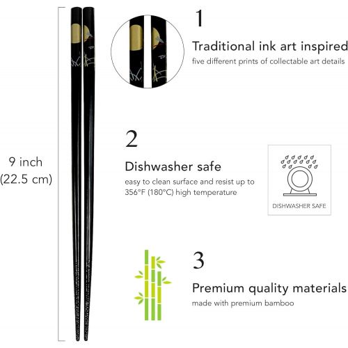  [아마존베스트]JapanBargain 3672, Bamboo Chopsticks Reusable Japanese Chinese Korean Wood Chop Sticks Hair Sticks 5 Pair Gift Set Dishwasher Safe, 9 inch, Black