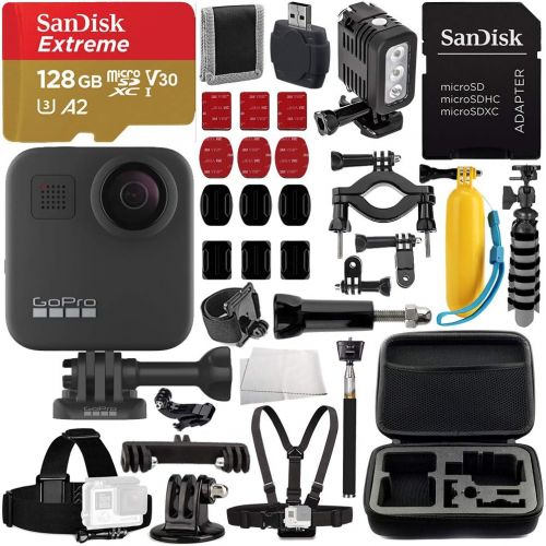 고프로 GoPro MAX 360 Action Camera Deluxe Bundle Includes: SanDisk Extreme 128GB microSDXC Memory Card + Underwater LED Light + Carrying Case, and More