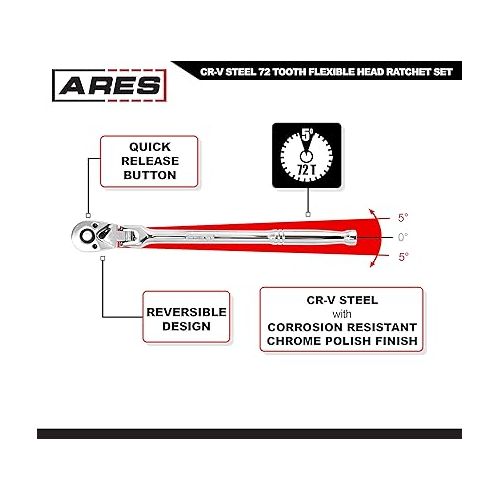  ARES 42028 - Flex Head Ratchet Set - 3-Piece 72-Tooth Ratchet - Premium Chrome Vanadium Steel Construction & Chrome Plated Finish - 72-Tooth Quick Release Reversible Design with 5 Degree Swing