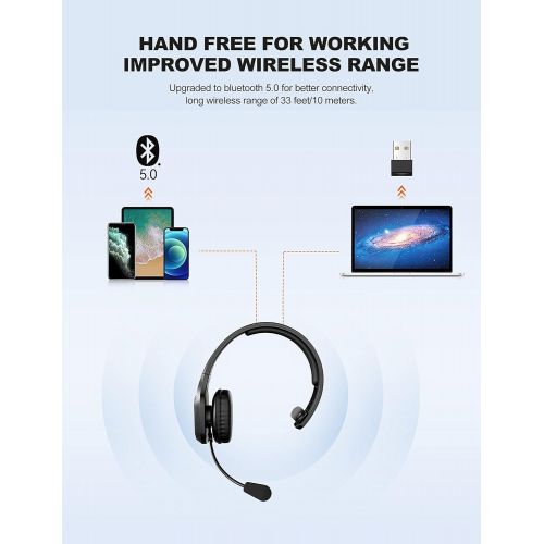  TECKNET Trucker Bluetooth Headset with Microphone Noise Canceling Wireless On Ear Headphones, Hands Free Wireless Headset for Cell Phone Computer Office Home Call Center Skype (Bla