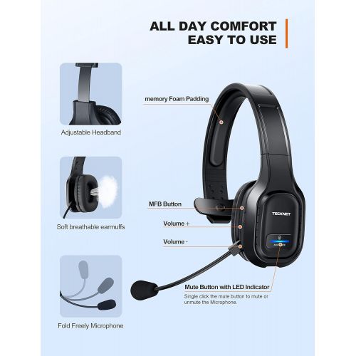  TECKNET Trucker Bluetooth Headset with Microphone Noise Canceling Wireless On Ear Headphones, Hands Free Wireless Headset for Cell Phone Computer Office Home Call Center Skype (Bla
