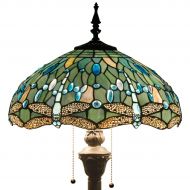 WERFACTORY Tiffany Style Floor Standing Lamp 64 Inch Tall Sea Blue Stained Glass Shade Crystal Bead Dragonfly 2 Light Antique Base for Bedroom Living Room Reading Lighting Table Set S147 WERF