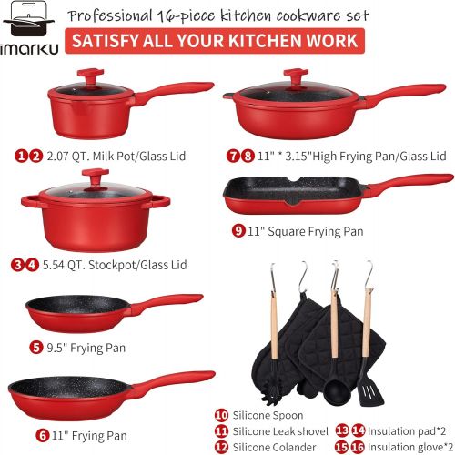  Kitchen Cookware Sets, imarku 16-Piece Granite Coating Nonstick Pots and Pans Set Induction Cookware Sets with Cooking Pot and Pan Set Scratch Resistant, Red