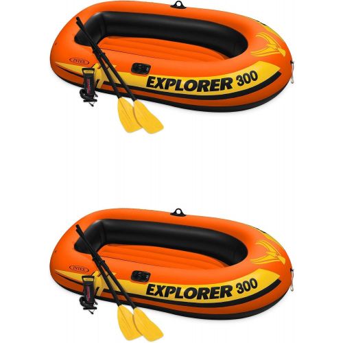 인텍스 Intex Explorer 300 Compact Fishing 3 Person Raft Boat w/Pump & Oars (2 Pack)