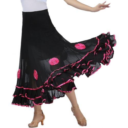  Whitewed Ruffle Floral Dance Long Ballroom Swing Practice Performance Skirts