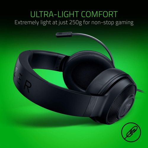 레이저 Razer Kraken X Ultralight Gaming Headset: 7.1 Surround Sound Capable - Lightweight Frame - Integrated Audio Controls - Bendable Cardioid Microphone - For PC, Xbox, PS4, Nintendo Sw