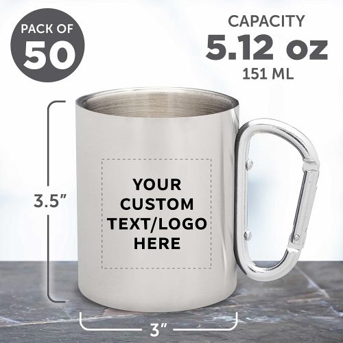  DISCOUNT PROMOS Custom Discuont Promos Carabiner Handle Stainless Steel Mugs, 50 pack, Personalized Text, Logo, 10 oz, Moscow Mule Mug, Camping Coffee Cup, Silver