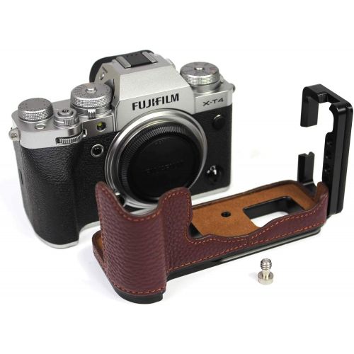  PCTC X-T4 Metal Hand Grip Quick Release L Plate Bracket Holder, Real Leather (Coffee Color) Camera Bottom Holder Grip for Fujifilm x-t4, 2screen Protector+2Hot Shoe Cap Cover+1Macro SD/