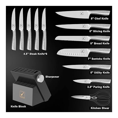  imarku Knife Set, 14PCS Knife Sets for kitchen with block, One-Piece Kitchen Knife Set with Built-in Sharpener, Stainless Steel Chef Knife Set with Lightning Stripes Handle, Dishwasher Safe(Black)