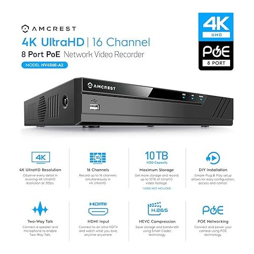  Amcrest 4K 16CH 8 Port PoE NVR (1080p/3MP/4MP/5MP/8MP) Network Video Recorder, 16CH (8-Port PoE) NVR - Supports up to 16 x 8-Megapixel IP Cameras, Supports up to 10TB Hard Drive NV4116E-A2