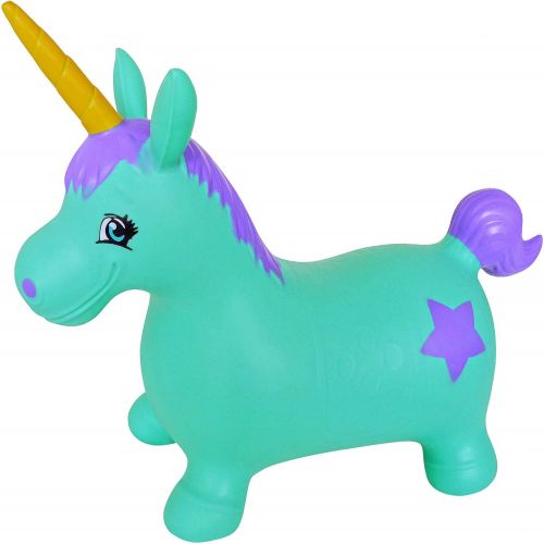  AppleRound Unicorn Bouncer with Hand Pump, Inflatable Space Hopper, Ride-on Bouncy Animal (Turquoise)