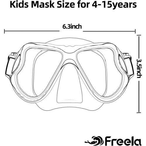  Freela Kids Snorkel Mask Swim Diving Scuba Mask Snorkeling Gear for Kids Boys Girls Youth, Anti-Fog 180° Panoramic View Soft Silicone Skirt Kid Pool Underwater Swim Goggles with Nose Cove