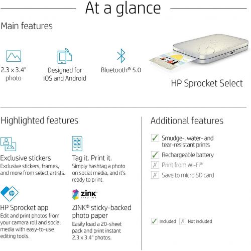 에이치피 HP Sprocket Select Portable 2.3x3.4 Instant Photo Printer (Eclipse) Print Pictures on Zink Sticky-Backed Paper from your iOS & Android Device.