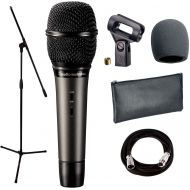 Audio-Technica ATM710 Cardioid Condenser Handheld Microphone with Mic Clamp & Pouch + Mic Stand + Mic Cable, 20 ft. XLR & Foam Windscreen