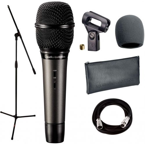  Audio-Technica ATM710 Cardioid Condenser Handheld Microphone with Mic Clamp & Pouch + Mic Stand + Mic Cable, 20 ft. XLR & Foam Windscreen
