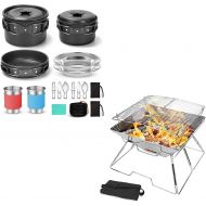Odoland 15pcs Camping Cookware Mess Kit and Folding Campfire Grill for Outdoor Backpacking Hiking BBQ