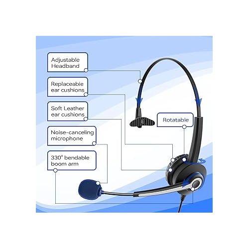  Monaural Corded Telephone Headset, with Noise Canceling Mic + Quick Disconnect for 2465 2564 480 6402D A100 S10 300 301 430 DTU-8 DTU-16 5010 5020 and Other Office Landline Deskphones(W681QRJ)