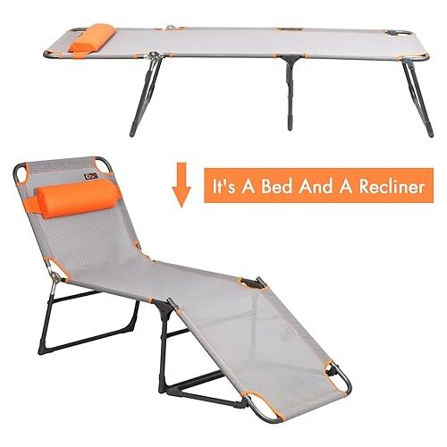  PORTAL Adjustable Portable Cot for Adults, Folding Chair, 4-Position Recliner with 250lbs Weight Capacity Lounger, Travel, Camping, Beach, Grey, Orange