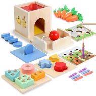 Asweets 8 in 1 Montessori Toys Includes Object Permanence Box，Montessori Coin Box，Carrot Harvest Game，Matchstick Color Drop Game，Ball Drop Learning Toys