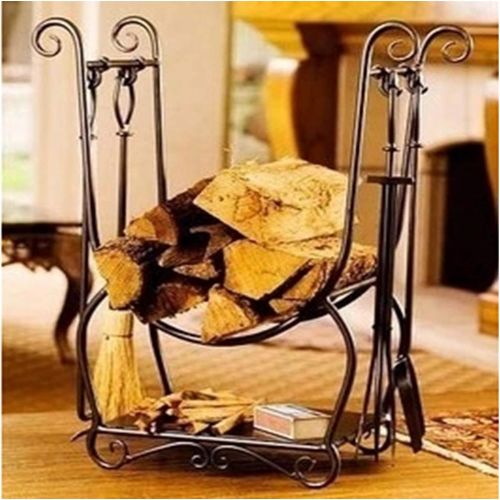  WMMING Brass Fireplace Tools Set and Log Storage Holder, 5 Pieces Wrought Iron Firewood Stand with Poker, Shovel, Tongs, Brush, for Indoor Outdoor, Stove, Fire Pit Solid and Practi