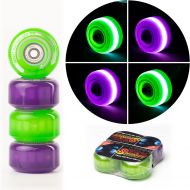 Sunset Skateboard Co. 54mm 98a LED Street Wheels Bundle (2 Green, 2 Purple) with ABEC-7 Carbon Steel Bearings for Glow-in-The-Dark, All Ages & Skill Levels Skating Fun with No Batt