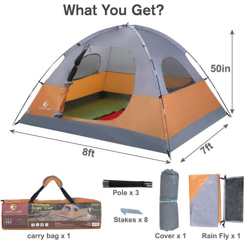  ALPHA CAMP 3 Person Camping Dome Tent with Carry Bag, Lightweight Waterproof Portable Backpacking Tent for Outdoor Camping/Hiking - 7 x 8