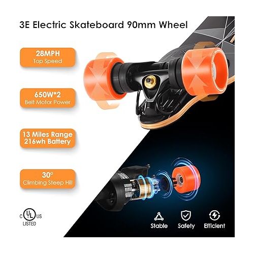  3E Electric Longboard E-Skateboard with App Control, 650W Dual Motors Belt Driven Skateboard for Commuting, Top Speed 28mph with 4 Mode for 13mile Range, Handle Design for Adults Max Load 330LBS