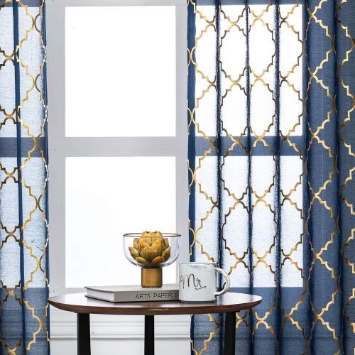  [아마존베스트]YJ YANJUN Navy Blue Sheer Curtains 63 inch Moroccan Trellis Pattern Foil Voile Window Treatment