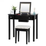 Fineboard FB-VT23-BK Dressing Mirror LED Lights and Stool Makeup Vanity Table, Brown, Black