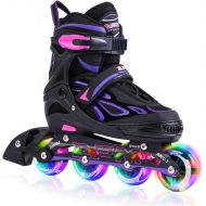 2PM SPORTS Vinal Girls Adjustable Inline Skates with Light up Wheels Beginner Skates Fun Illuminating Roller Skates for Kids Boys and Ladies… (Blue, X-Large(7M/8W-10M/11W US))