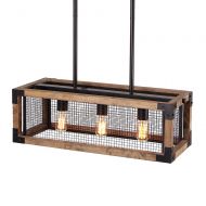 Anmytek Square Metal and Wood Chandelier Basket Pendant Three Lights Oil Black Finishing Iron Net Lamp Shade Retro Vintage Industrial Rustic Ceiling Lamp Caged Light