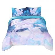 BlessLiving Wowelife 3D Twin Fly Unicorn Comforter Sets 5 Piece Girl Bedding Set Unicorn Green Bedspreads with Comforter, Flat Sheet, Fitted Sheet and 2 Pillow Cases for Teens(Green Unicorn, T