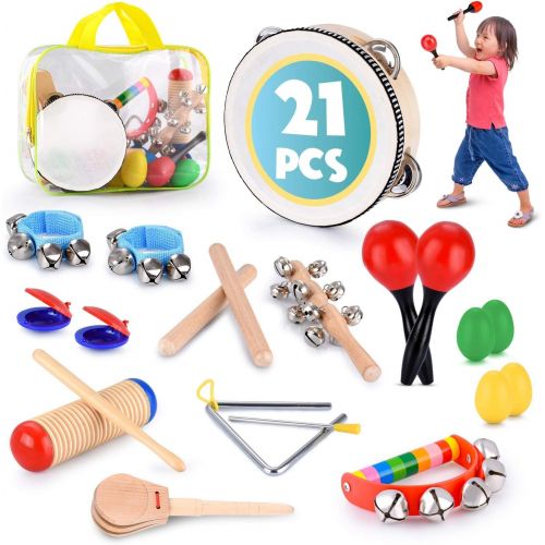  [아마존베스트]BRITENWAY Toddler Educational & Musical Percussion for Kids & Children Instruments Set 21 Pcs  With Tambourine, Maracas, Castanets & More  Promote Fine Motor Skills, Enhance Hand To Eye Co
