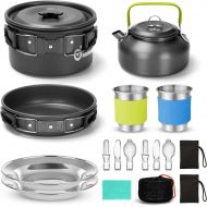 Odoland 15pcs Camping Cookware Mess Kit, Non-Stick Lightweight Pot Pan Kettle Set with Stainless Steel Cups Plates Forks Knives Spoons for Camping, Backpacking, Outdoor Cooking and
