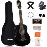 ADM Beginner Acoustic Classical Guitar 30 Inch Nylon Strings Wooden Guitar Bundle Kit for Kid Boy Girl Student Youth Guitarra Free Online Lessons with Gig Bag, Strap, Tuner, String, Pick, Black Color