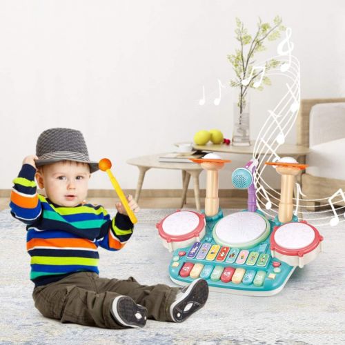  [아마존베스트]TOONEV Baby Musical Instruments Toys,Kids Drum Set Electronic Piano Keyboard and Xylophone 3 in 1 Multifunction Toddler Toys with Drum Sticks Microphone and Light Musical Toys Gift