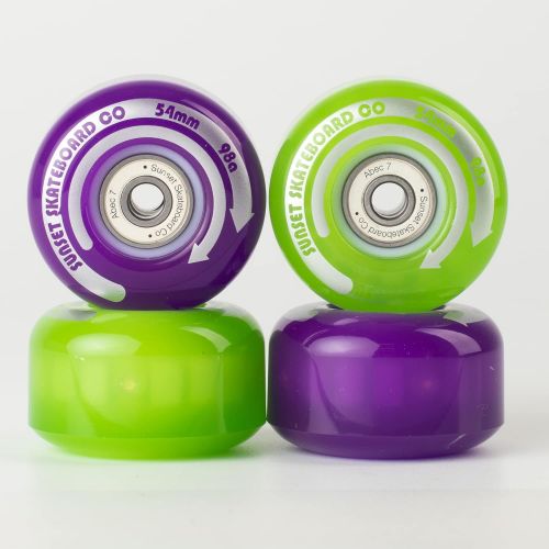  Sunset Skateboard Co. 54mm 98a LED Street Wheels Bundle (2 Green, 2 Purple) with ABEC-7 Carbon Steel Bearings for Glow-in-The-Dark, All Ages & Skill Levels Skating Fun with No Batt