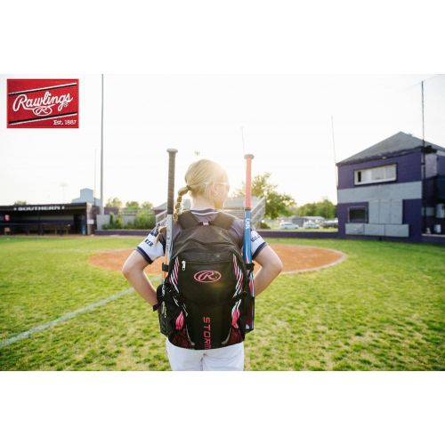 롤링스 Rawlings Storm Girls Softball Bag - Sized for Youth Softball Backpack for Girls or TBall Bag ? Holds Two Bats ? Includes Hook to Hang on Fence