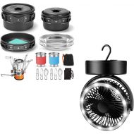 Odoland 16pcs Camping Cookware Mess Kit with Folding Camping Stove and LED Camping Lantern with Fan