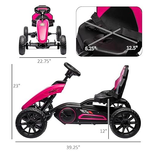  Aosom Kids Pedal Go Kart, Outdoor Ride on Toys with Swing Axle, Adjustable Seat, Handbrake, 4 Shock-Absorbing Wheels, Gift for Boys and Girls Aged 3-8 Years Old, Pink
